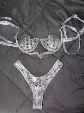 Silver Iridescent Crystal Embellished Bikini Set (Great for Carnivals as well)